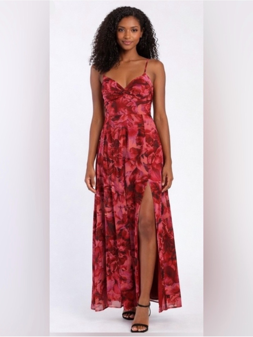 Lulu's Red Floral Maxi Dress with Thigh Slit